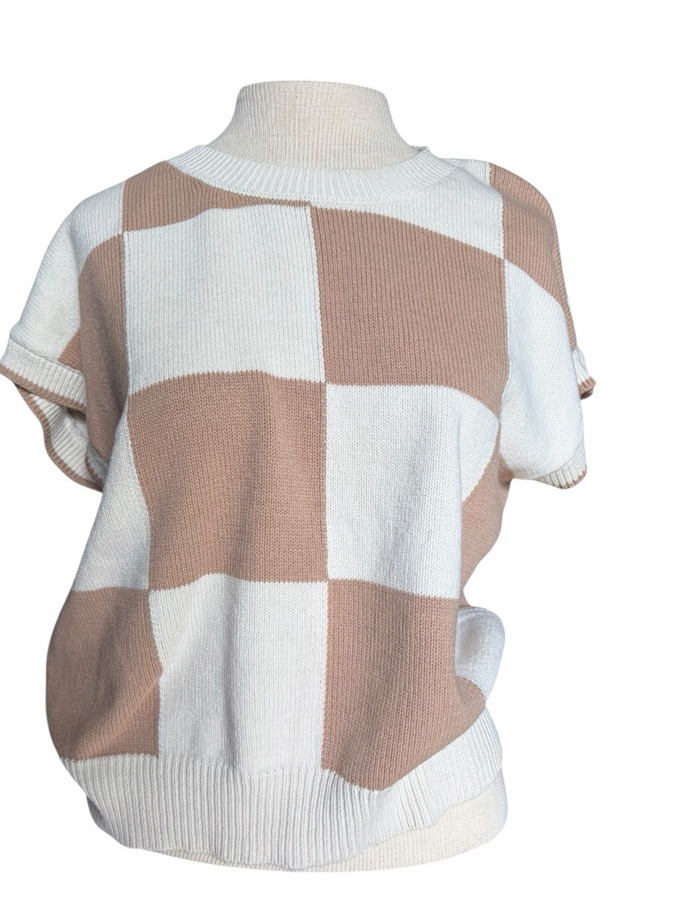 moon & madison Cream & Tan Checkerboard Sweater
